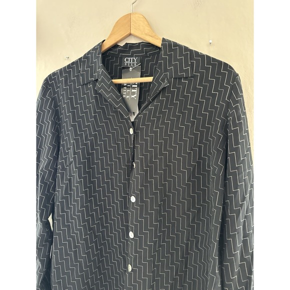 VTG City Silk 100% Silk Blouse Size PL Quiet Luxury Patterned Black Deadstock - Picture 2 of 10